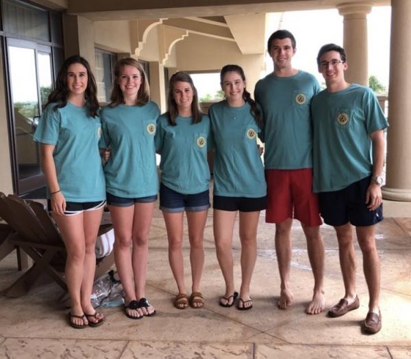L-R,  Lisa Caldwell, Madie Roach, Mckenzie Siner, Taylor Barber, Russell Kanapaux and Harrison Cameron enjoying the Corn Hole Tournament and wearing the 2017-18 AppState GIS t-shirts